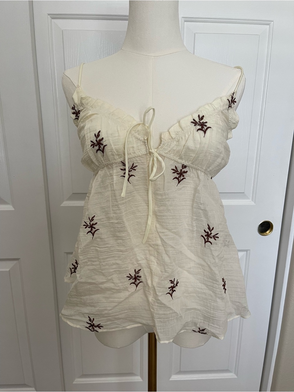 Princess Polly Cream Embroidered Tie-Front Camisole